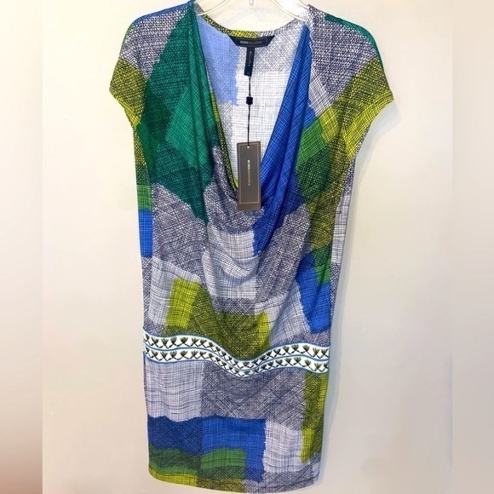 BCBG Multicolor Green Blue Yellow Print Drape Neck Dress